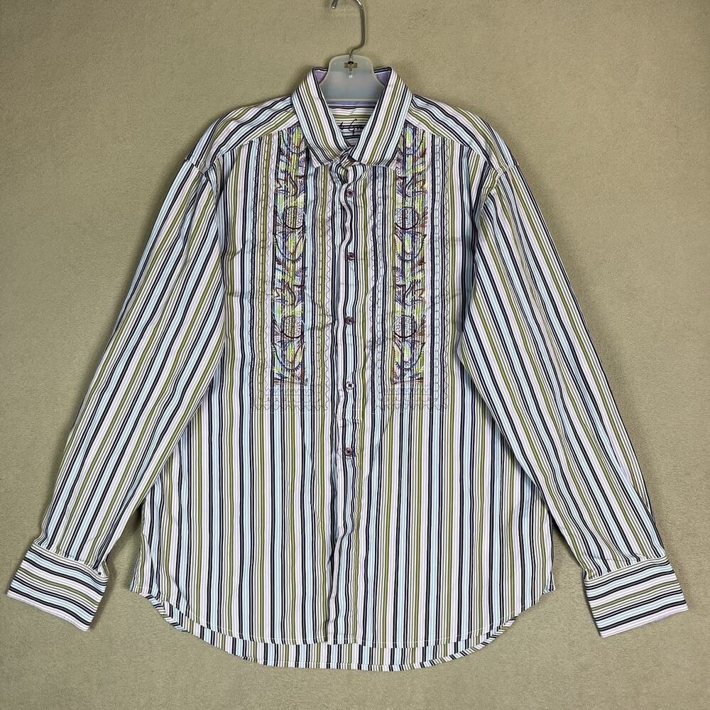 Robert‎ Graham Shirt Mens M Multicolor Striped Embroidered Long Sleeve Regular